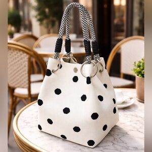😍Trending! Ivory Black Canvas Polka Dot Tote